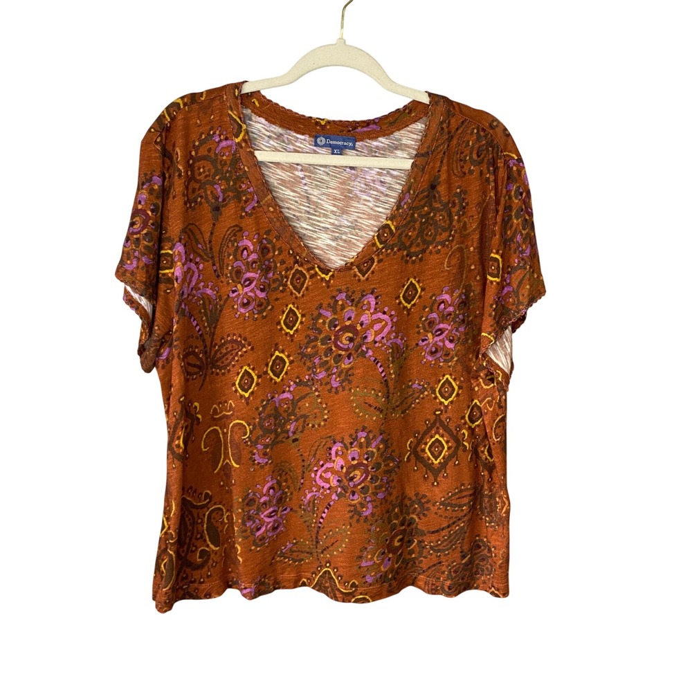 Democracy Womens Rust Purple Paisley Floral V-Neck Slub Knit Top XL